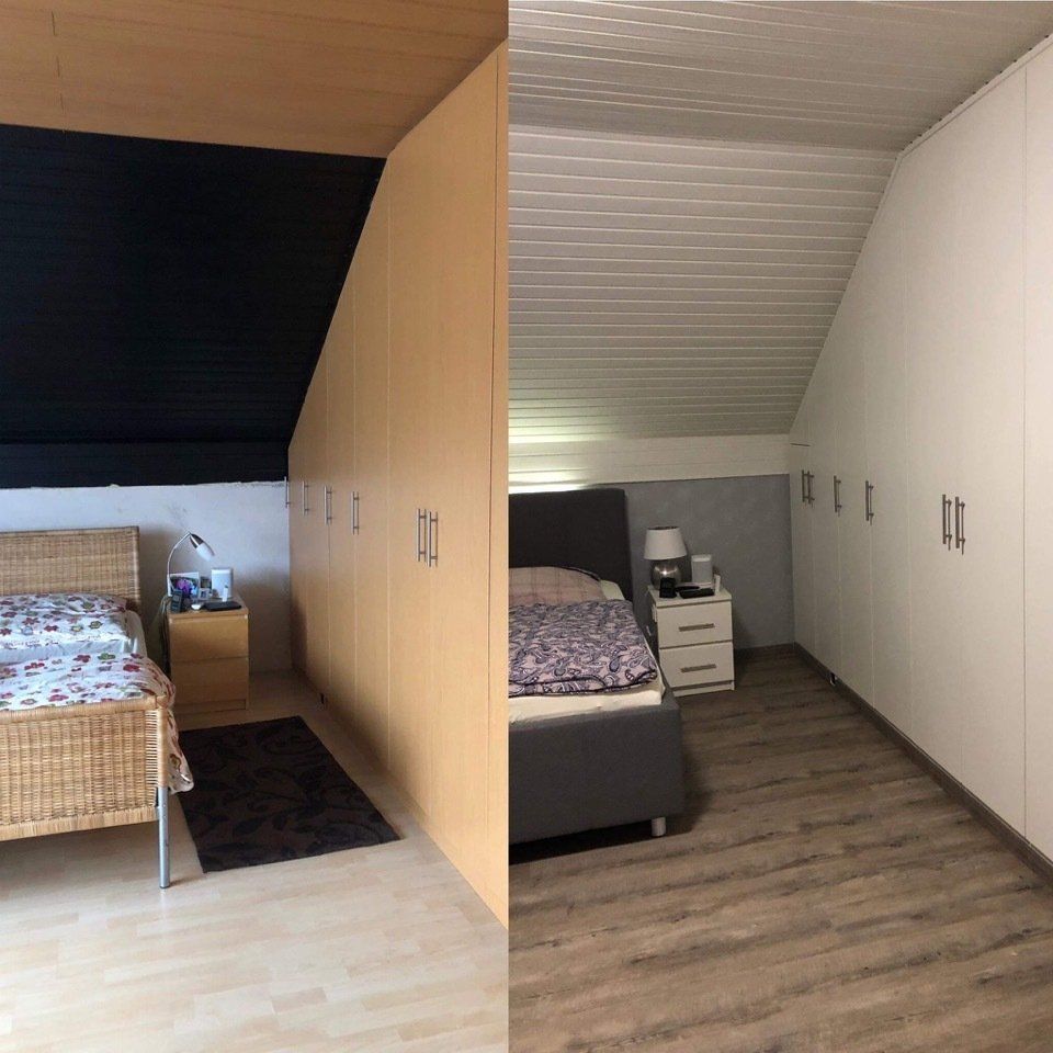 Holzdecke weiß streichen Vorher und Nachher Vergleich