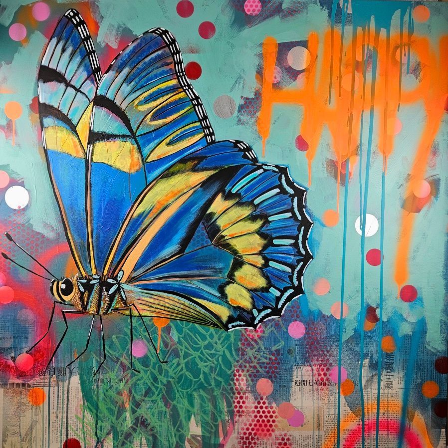 Das Bild zeigt ein Acrylgemälde mit einem Schmetterling und Graffiti von Sabine Gauch