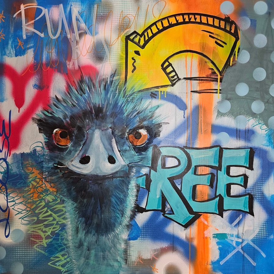 Fred ist ein lustiger Emu - Acrylgemälde auf Spray und Marker von Sabine Gauch