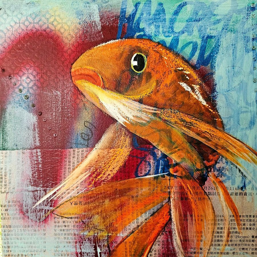 goldfish acrylic painting on collage