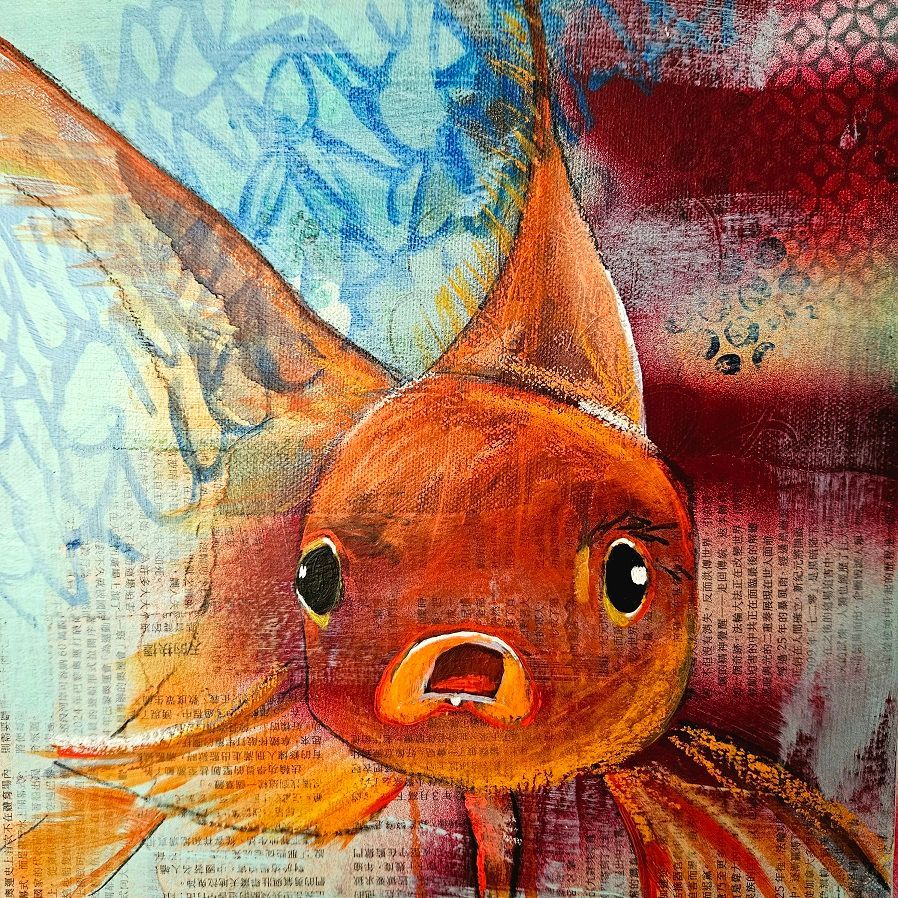Goldfisch Acrylgemälde auf Collage im Mixed Media Stil