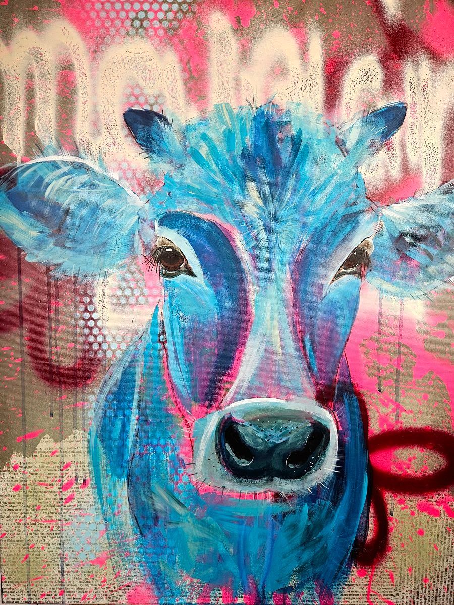 acrylic cow painting in mixed media style