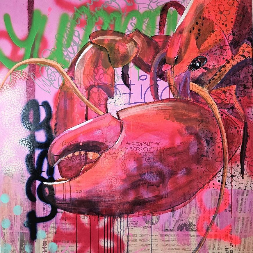 This photo shows an acrylic painting from Sabine Gauch with a graffiti-style lobster in pink
