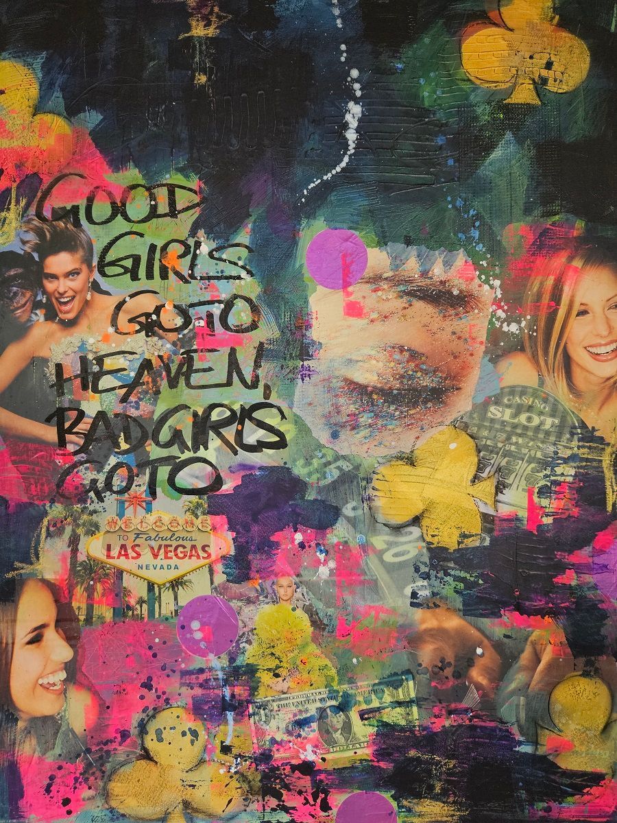 Las Vegas Mixed Media Collage mit Acryl, Pastell, Folie von Sabine Gauch