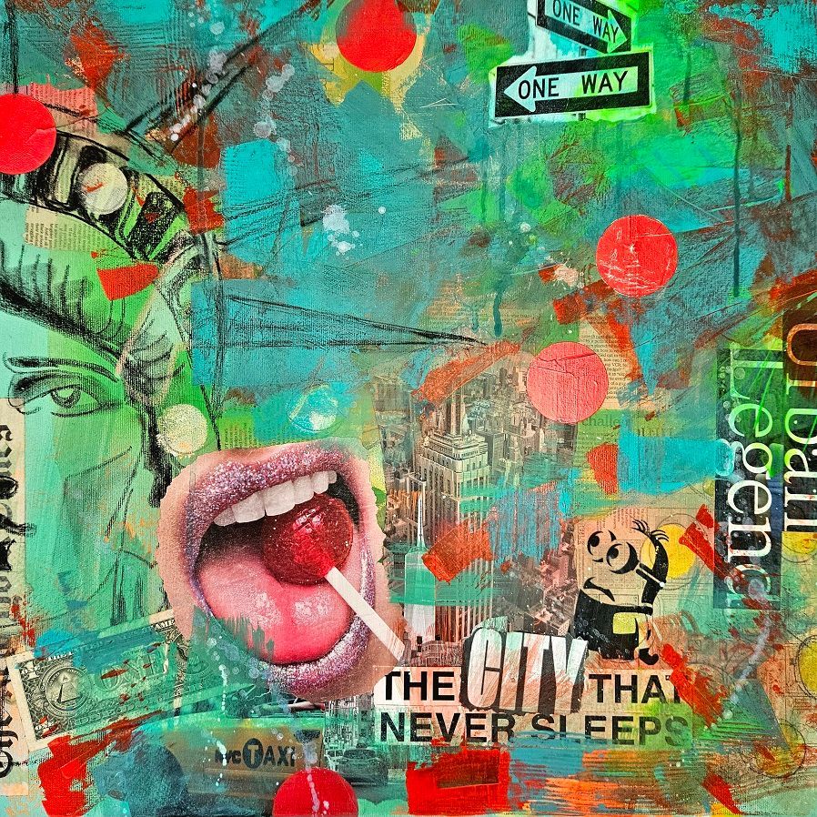 Mixed Media Bild mit Acryl, Collage, Kohle, Folie auf Leinwand mit dem Motiv New York