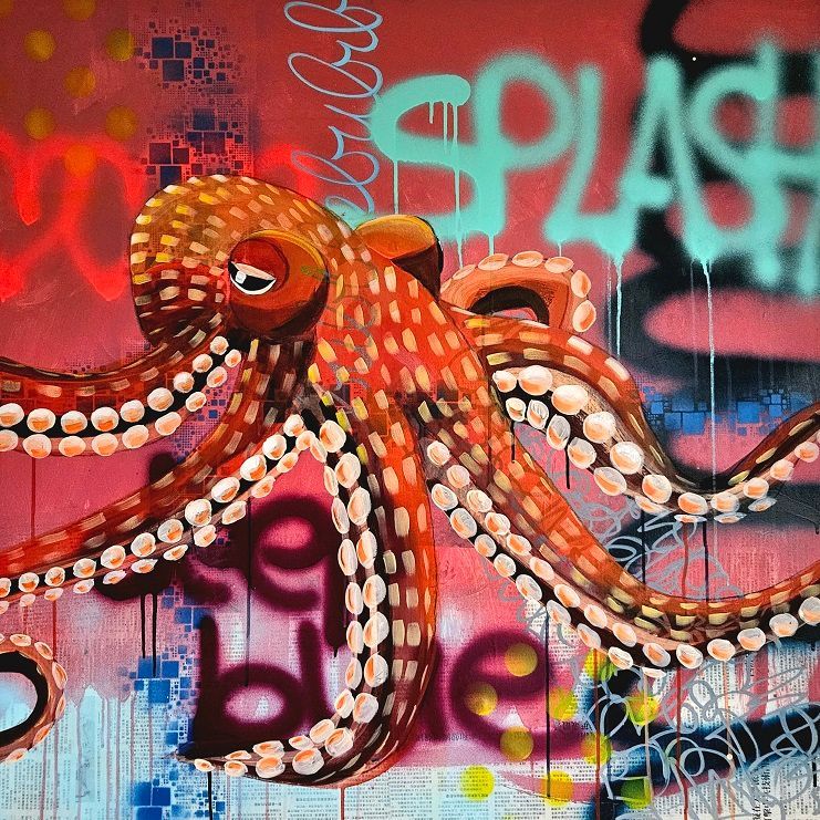 Otto ist ein Oktopus - Acrylgemälde auf Spray, Marker, Collage von Sabine Gauch