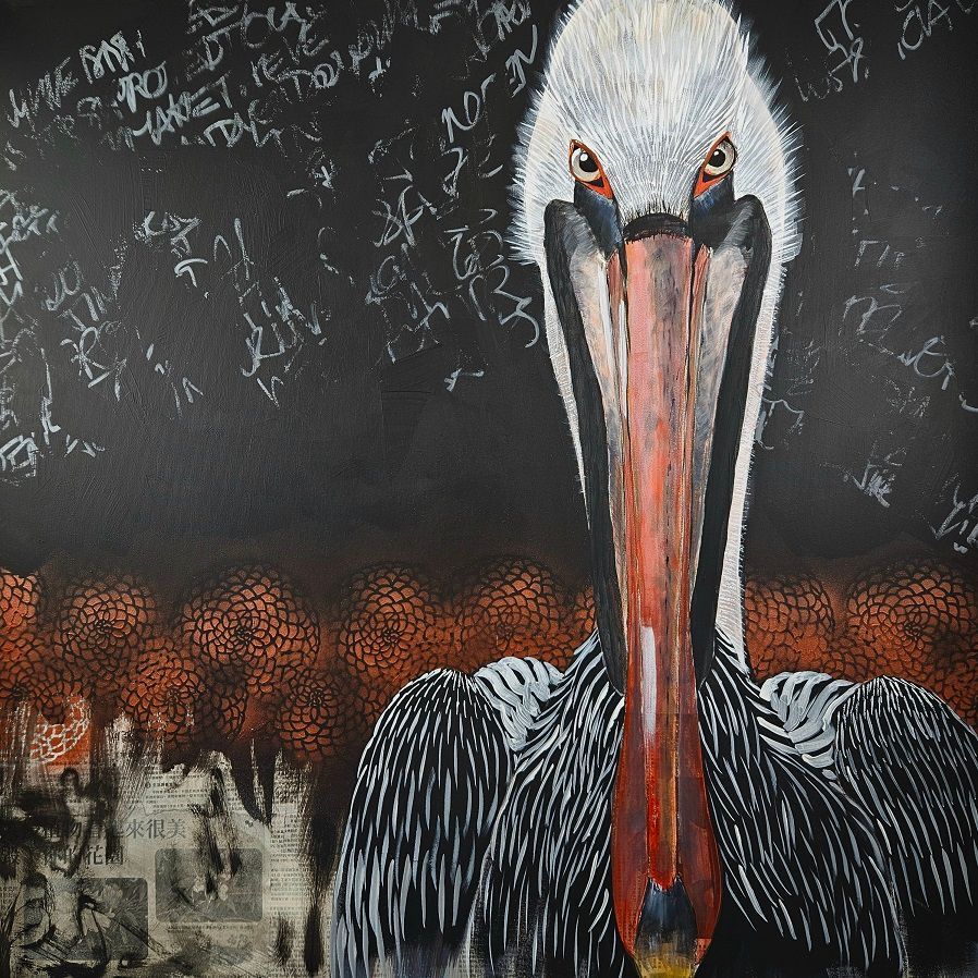 This photo shows an acrylic painting from Sabine Gauch with a graffiti-style pelican