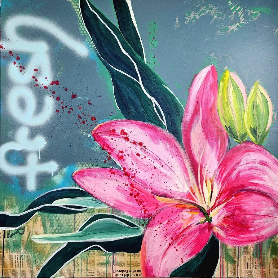 This bright acrylic painting shows a pink lily blossom in graffiti-style