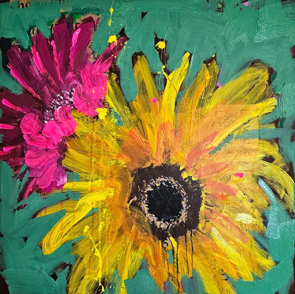 Das Bild zeigt ein gemalte Sonnenblumenblüte und eine Gerbera im Hintergrund. Acryl und Collage auf Leinwand von Sabine Gauch