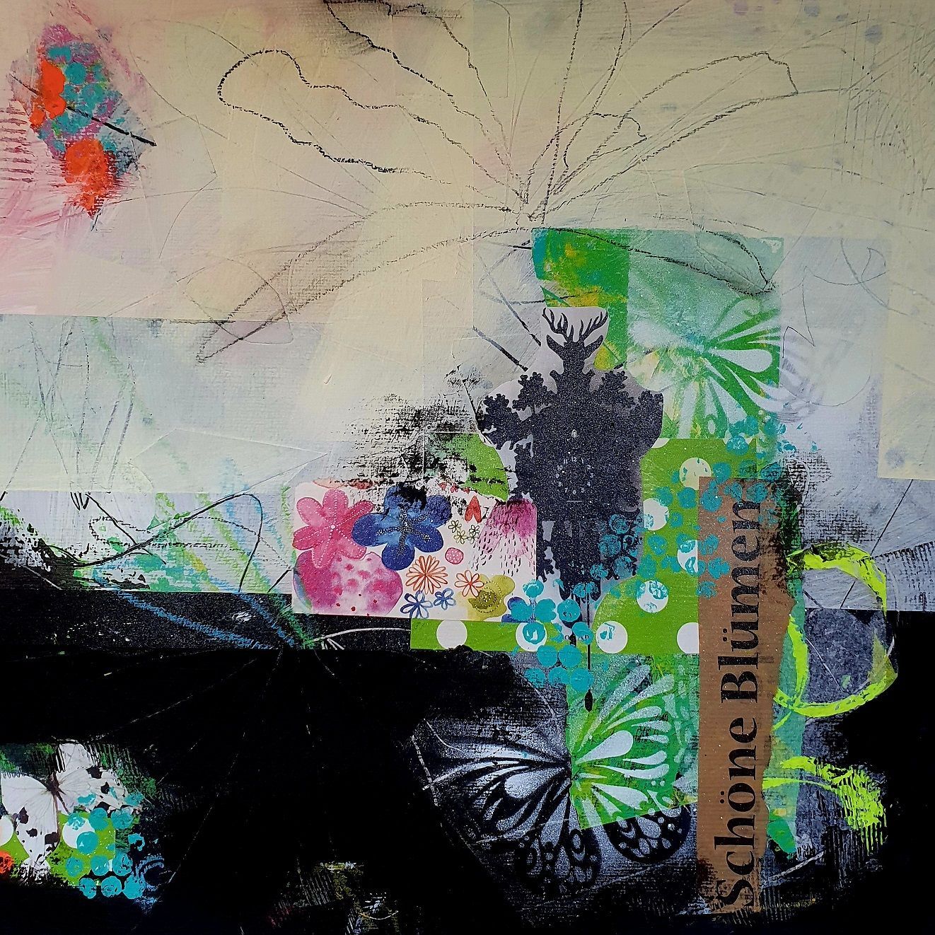 Where have all the flowers gone (grün) | Abstract Collage | Sabine Gauch Mixed Media