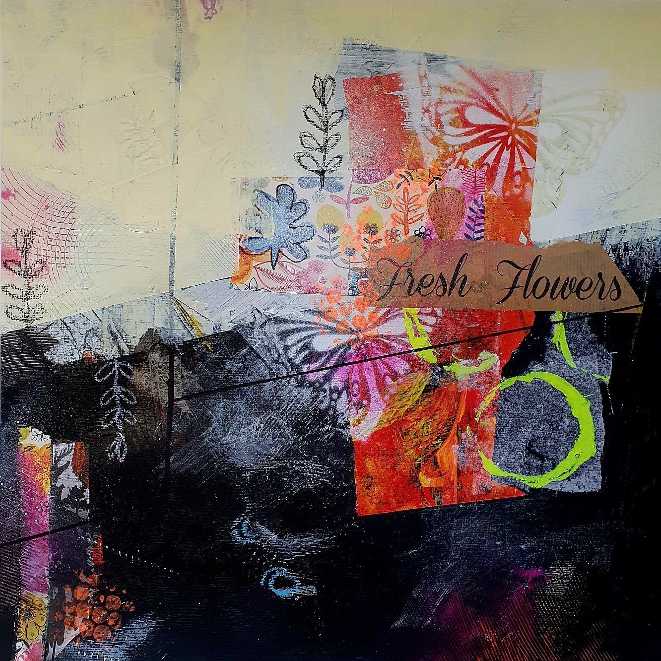 Where have all the flowers gone (red) | Abstract Collage | Sabine Gauch Mixed Media