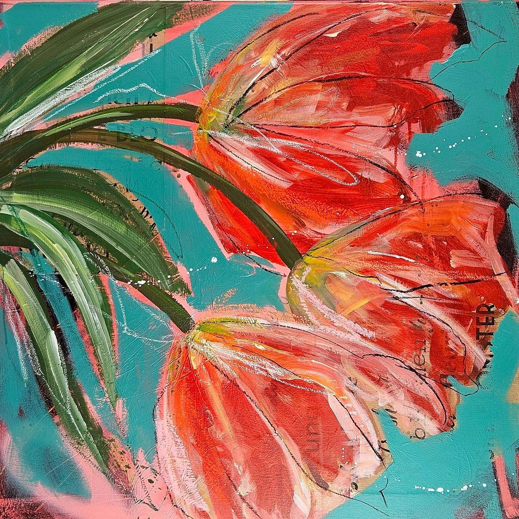 Ein Originalgemälde von Sabine Gauch mit Acryl, Ölpastell, Kohle auf Collage. Orange Tulpen (1)
