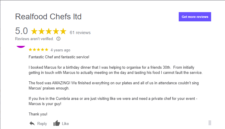 5 star review Real food chefs 5 star review
