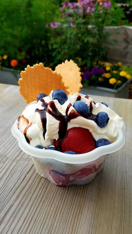 Heidelmarie Eisbecher, Heidelbeeren, Heidelbeer, Sahne, Waffeln