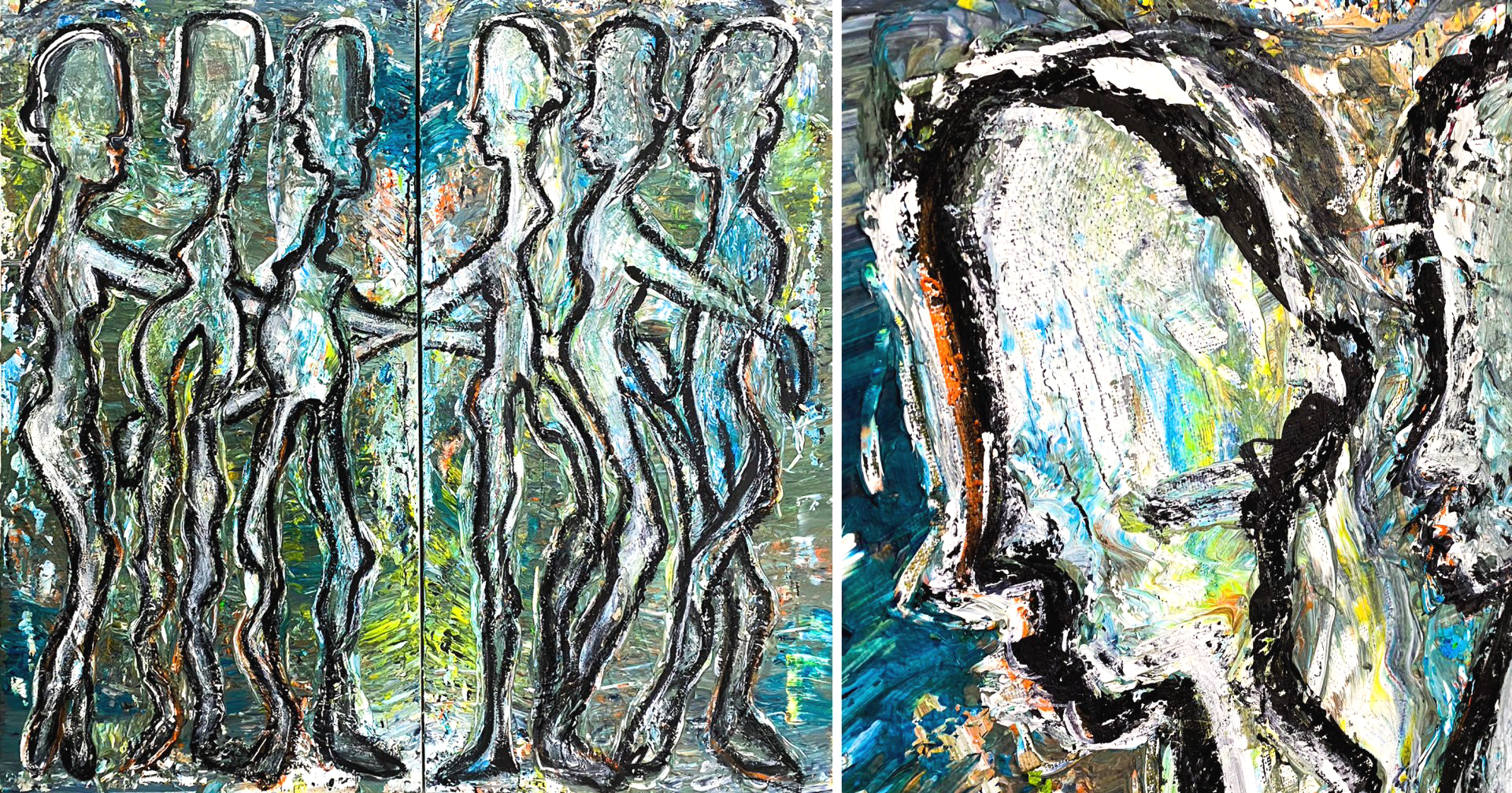 Characters with different opinions and positions standing arm in arm. © Kirsten Laermann