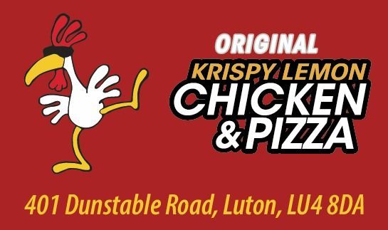 Original Krispy Lemon Chicken text on red background with a chicken next to it and the address at the bottom