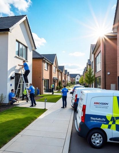 Hikvision-certified installers working on homes with branded StaySafe-CCTV vans in a sunny neighbourhood.