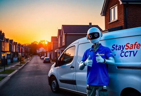 Robot in blue shirt beside StaySafe-CCTV van on a sunset street with Hikvision cameras visible.