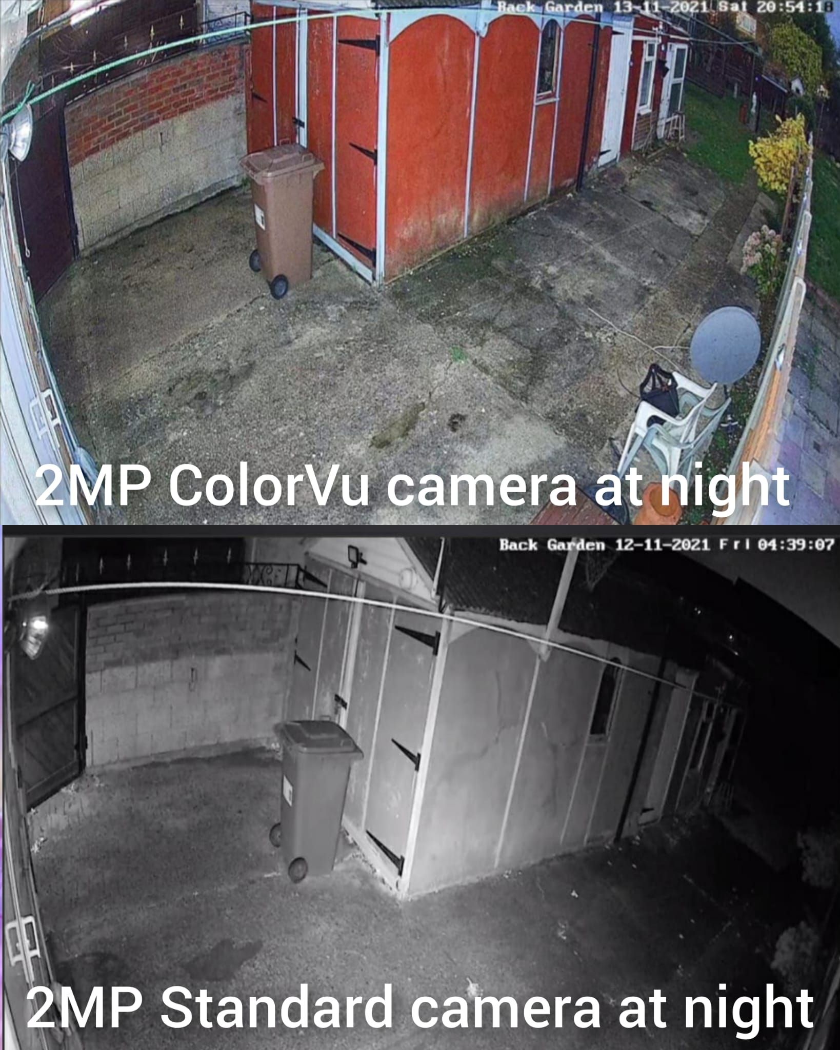 2 images, one is colour at night, one is black and white at night, showing rear garden with a shed