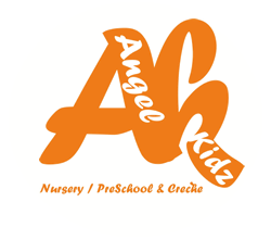 Angel Kidz logo featuring orange text with playful font, and a rainbow arching over the name