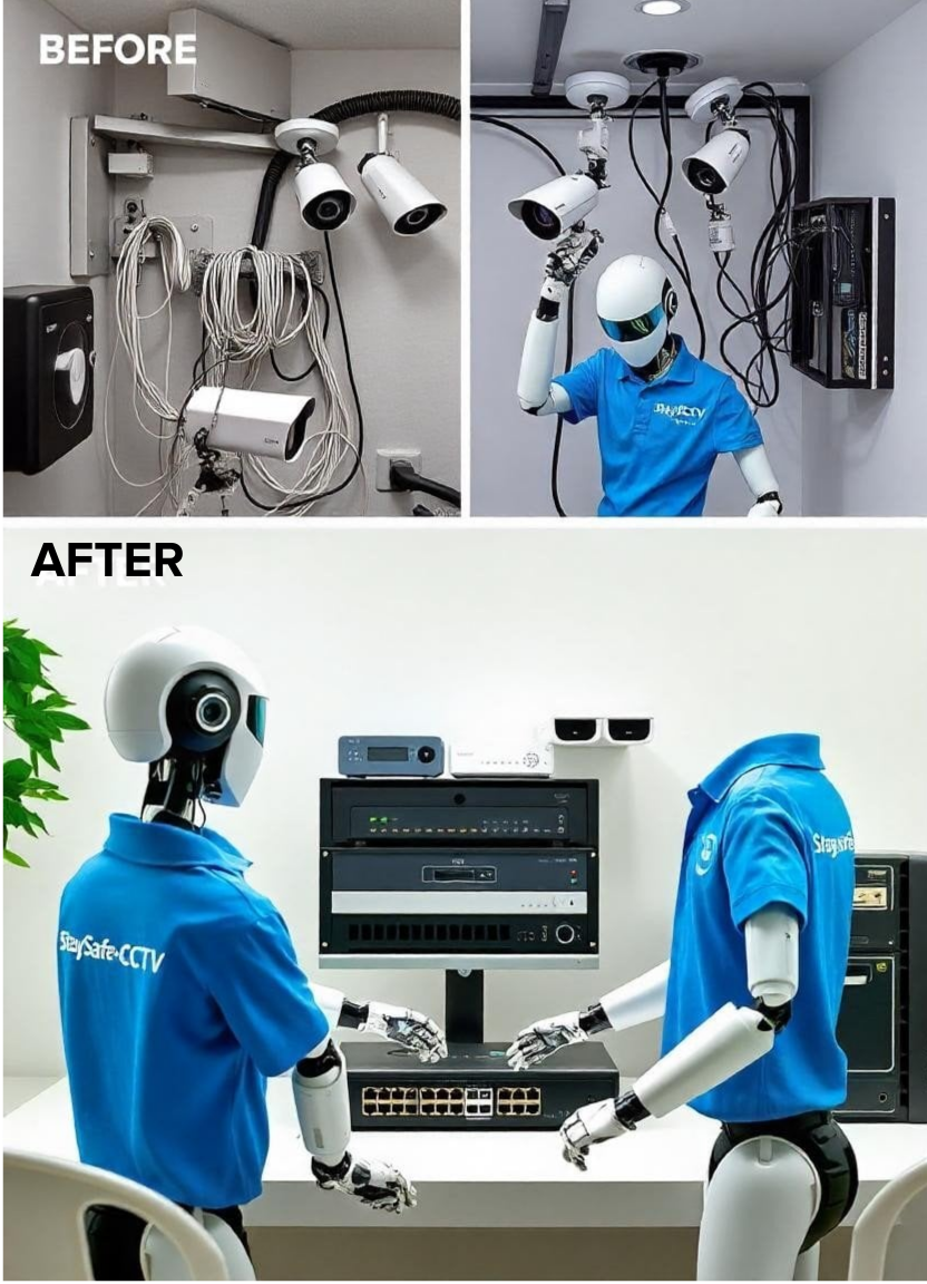 Before and after comparison of messy camera wiring versus robots in StaySafe-CCTV shirts setting up equipment.