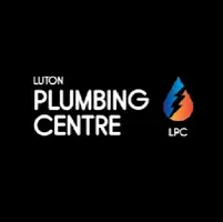 Luton Plumbing centre text in white with black background, flame icon next to it