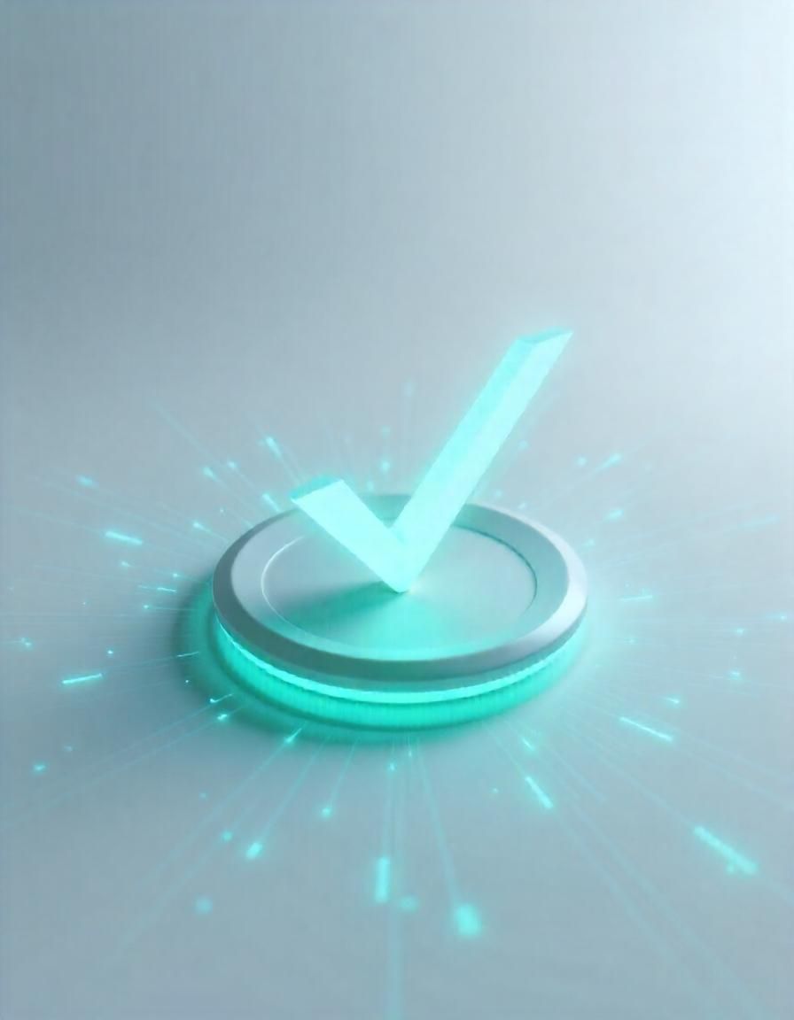 3D-rendered glowing checkmark symbolizing verification and trust with soft light beams on a grey background.