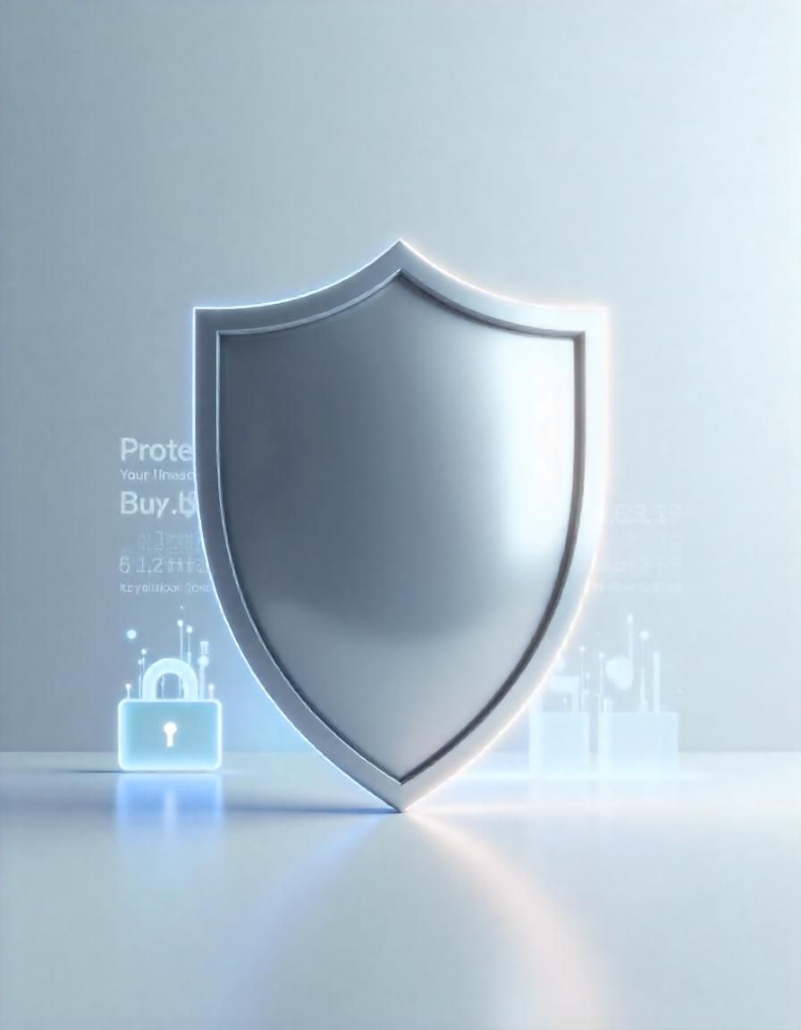 3D-rendered shield symbolizing protection and security with a soft blue glow and digital lock icon.