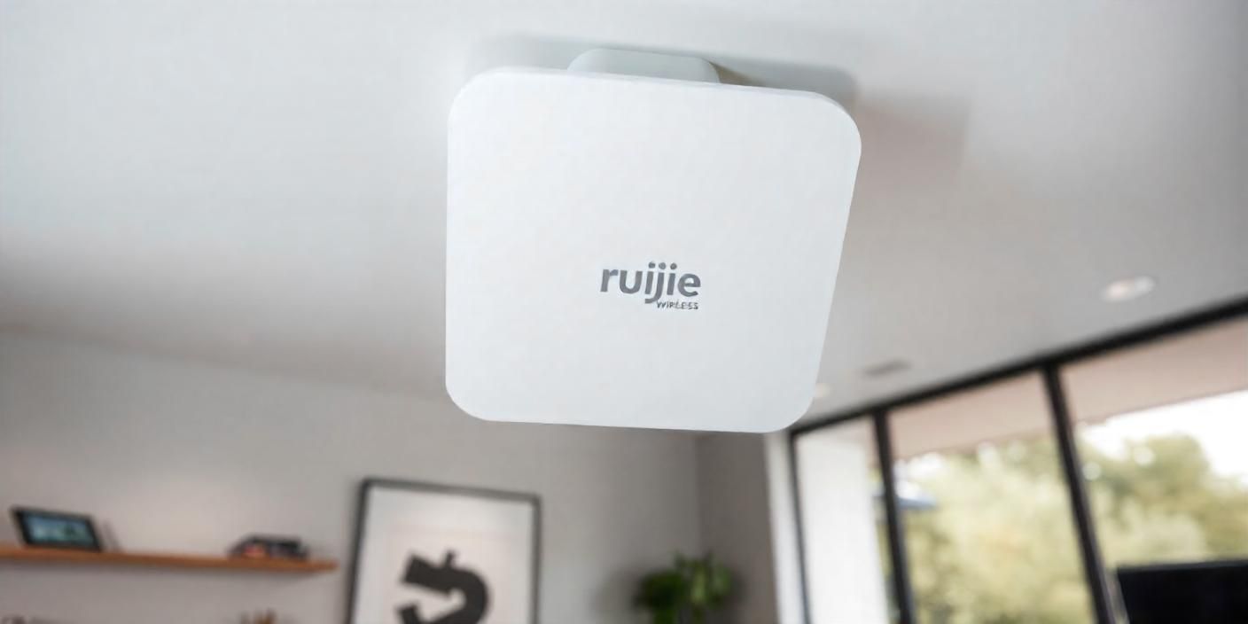 Close-up image of a white square-shaped Ruijie wireless access point mounted on a ceiling in a modern room. The bacghnbbbbbbb