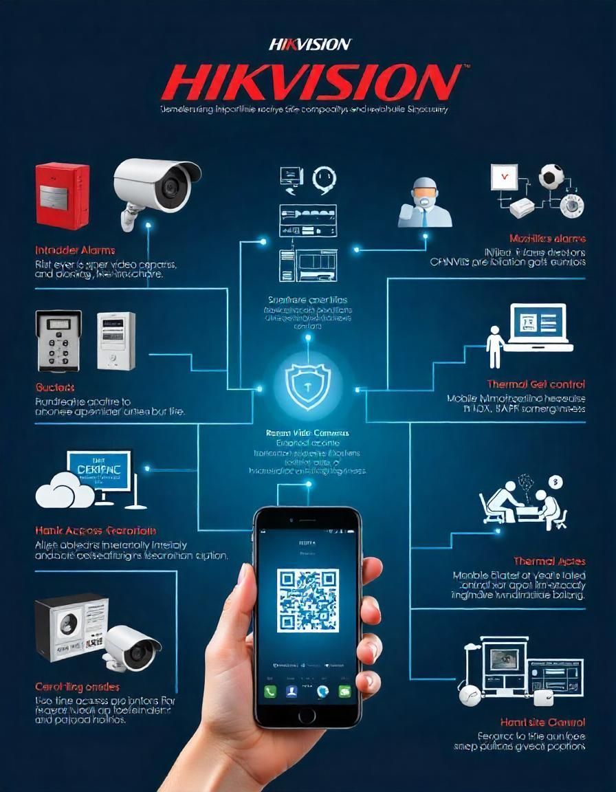 Hikvision system infographic showcasing remote access, alarms, thermal cameras, and mobile monitoring solutions.