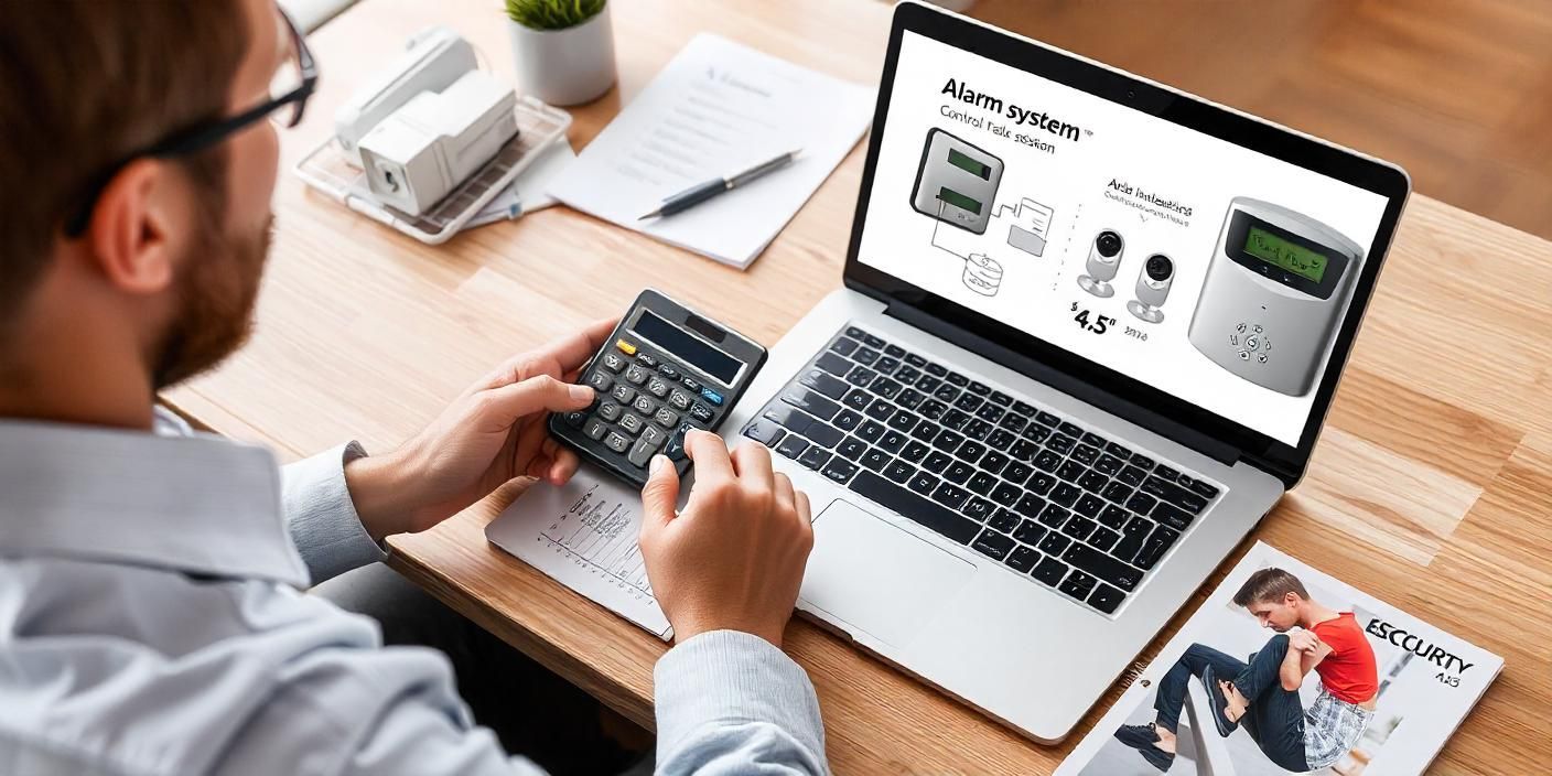 Person using a calculator while viewing an alarm system diagram on a laptop screen at a desk.
