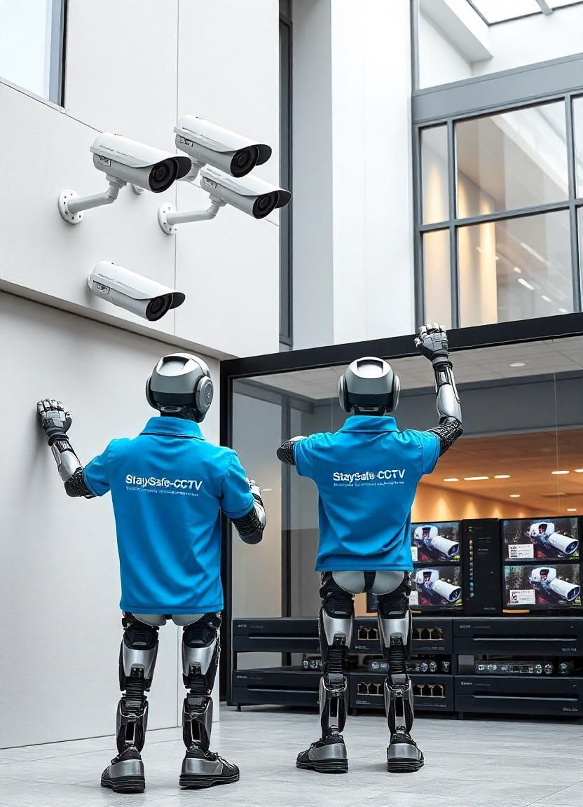 Two StaySafe-CCTV robots in blue polo shirts installing Hikvision cameras on an exterior building wall.