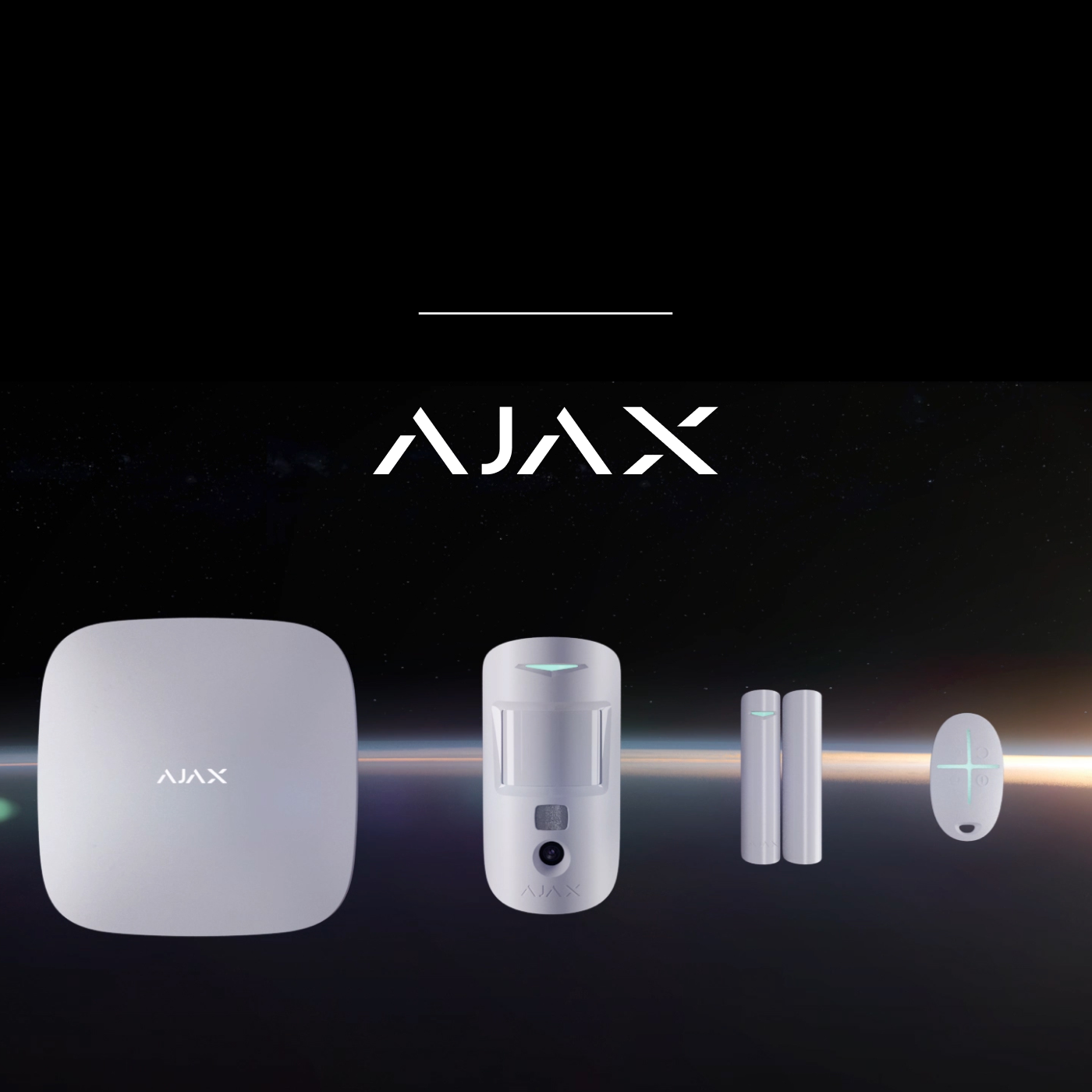 AJAX security system components displayed against a dark space-like background with the AJAX logo above.