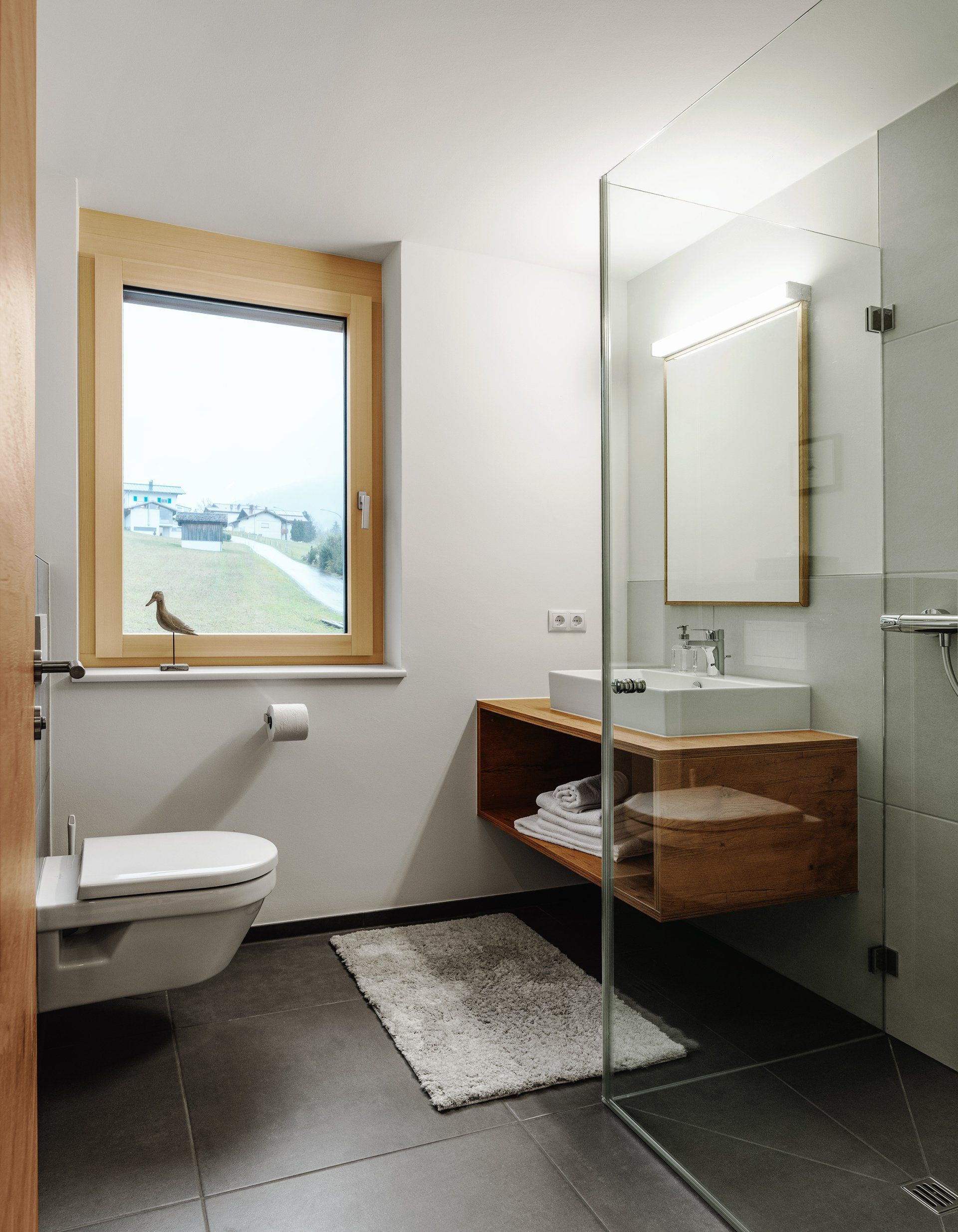 Badezimmer, WC, Dusche, Waschtisch, Holz