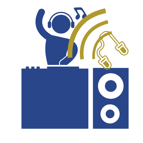 Symbol für Gehörschutz und In-Ear-Monitoring DJ Männchen mit Noten und Mischpult und Gehörschutz