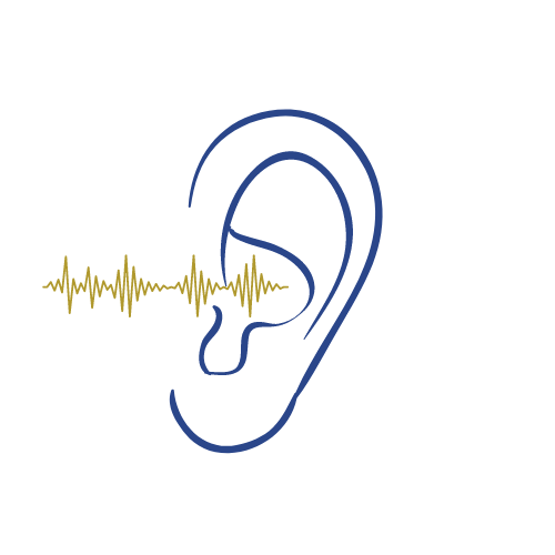 Tinnitus Symbol blaues Ohr mit goldenem Soundsymbol für Tinnitus Beratung Hirschaid
