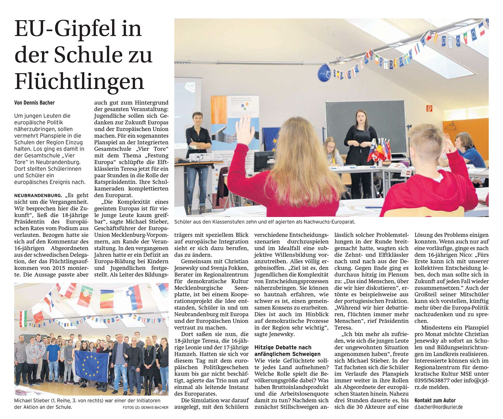 Planspiel GS Vier Tore Artikel aus Neubrandenburger Zeitung Stargard 18. Dezember 2018