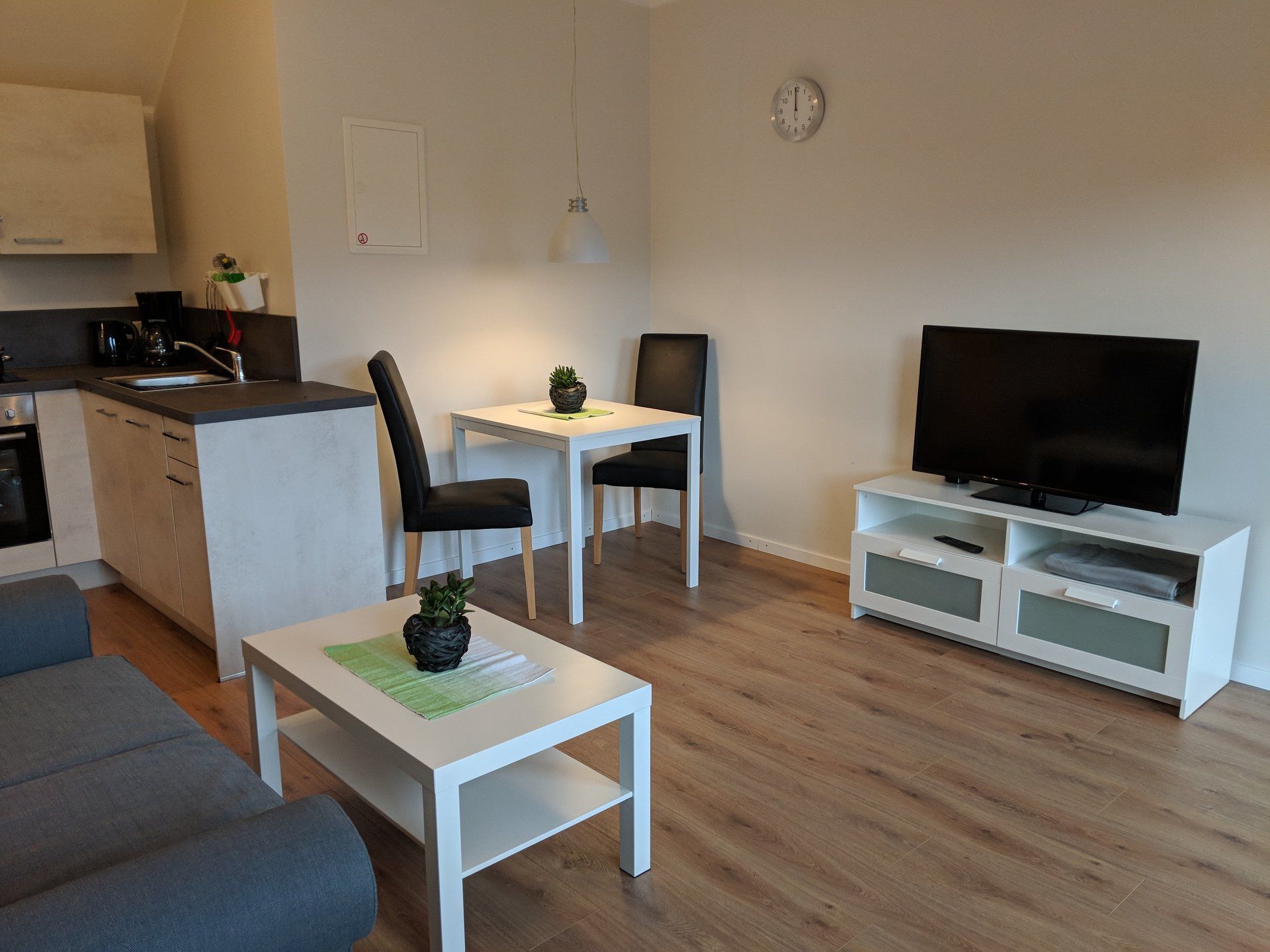 Wohnzimmer mit gemütlichem 2er Sofa, Esstisch und moderner Küche mit kompletter Ausstattung