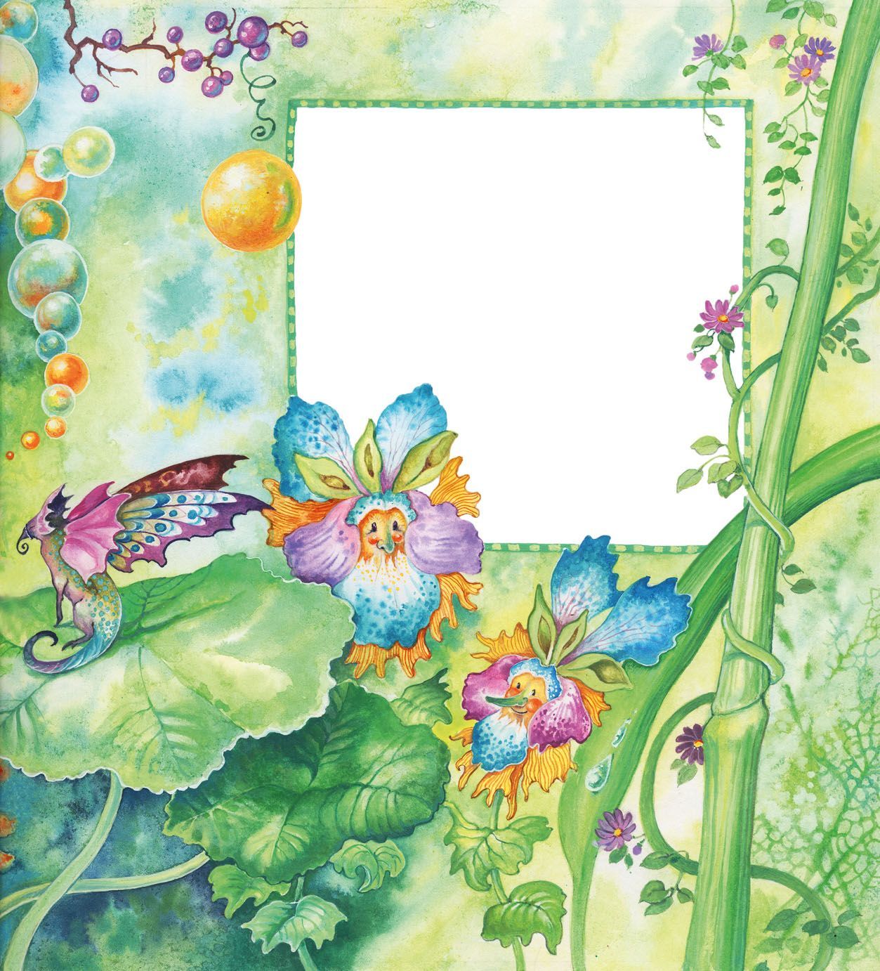 Illustration für ein Kinderbuch: sehr detailreiche Gouache-Malerei, Blumengesichter, winzige phantasievolle Wesen.