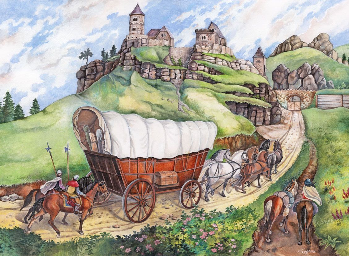 Gouachemalerei: Eine sechsspännige Kutsche fährt auf eine mittelalterliche Burg zu, detailreiche Malerei, naturalistisch, Pferde, Reiter, Landschaft