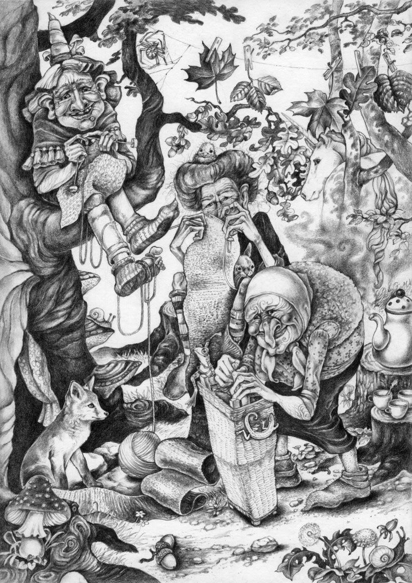 Bleistiftzeichnung: drei verschrobene Frauen sitzen beieinander im Wald, sie stricken und beladen einen Korb, eine Kanne mit Kaffee und Tassen stehen auf Baumstümpfen, detailreich, naturalistisch