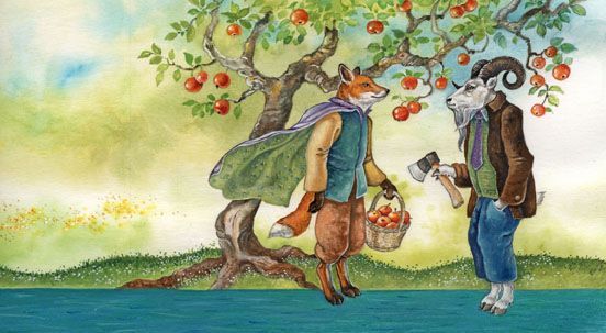 Gouachemalerei: Fuchs und Ziegenbock stehen unter einem Apfelbaum, sehr detailreich, anthropomorphe Tiere, naturalistisch