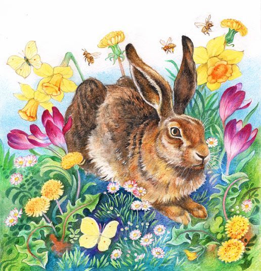 Illustration des Dürer-Hasen in bunter Frühlingswiese, naturalistisch, detailreich, farbenfroh