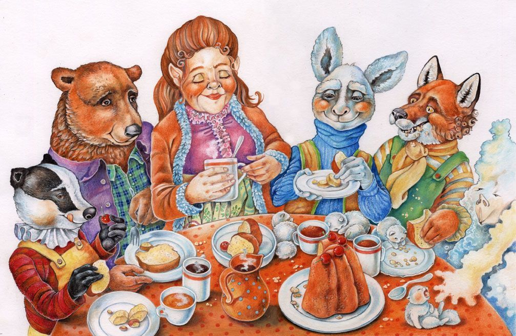Illustration: Dachs, Bär, die Frühlingsfee, der Winterkobold und Fuchs sitzen am Tisch und essen Kuchen. Gouachemalerei, detailreich, Kinderbuch.