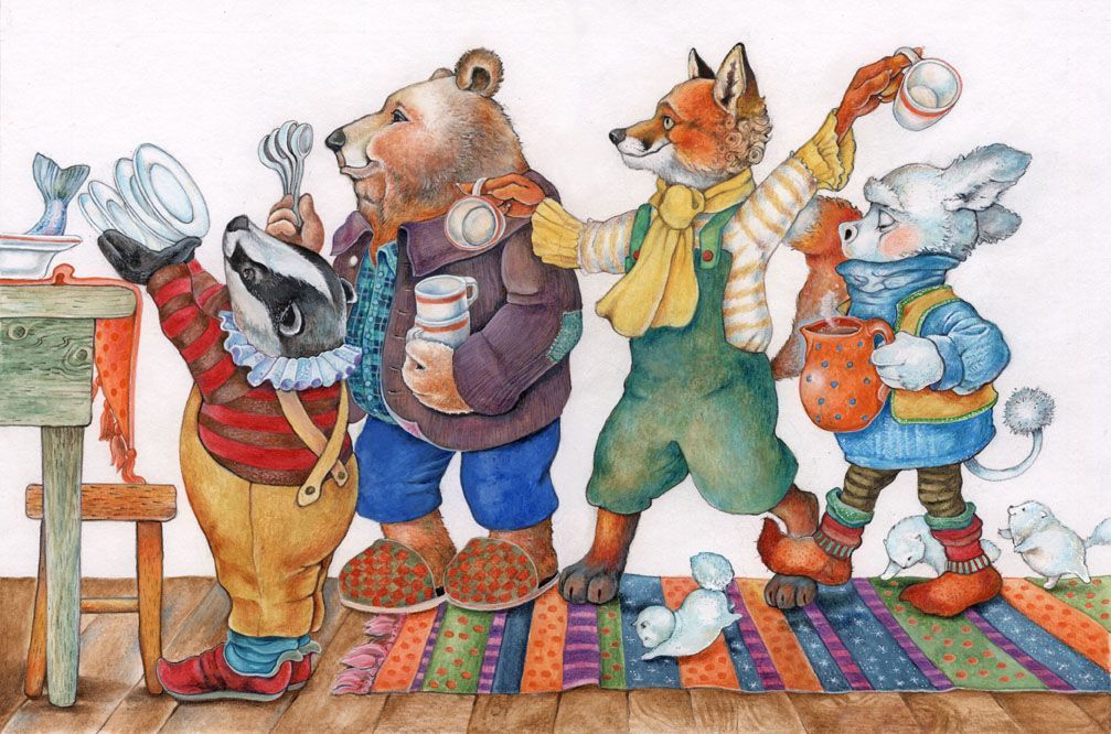 Illustration: Dachs, Bär, Fuchs und der Winterkobold decken den Kaffeetisch. Gouache-/Aquarellmalerei, Kinderbuch.