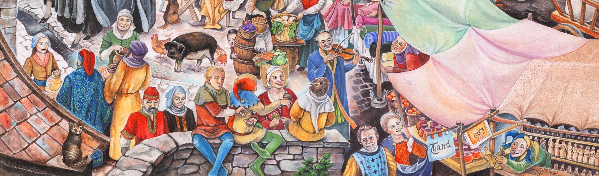 Mittelalterliches Markttreiben Gouache-Illustration: Markttreiben in mittelalterlichem Flair, detailreich, farbenfroh, naturalistisch.