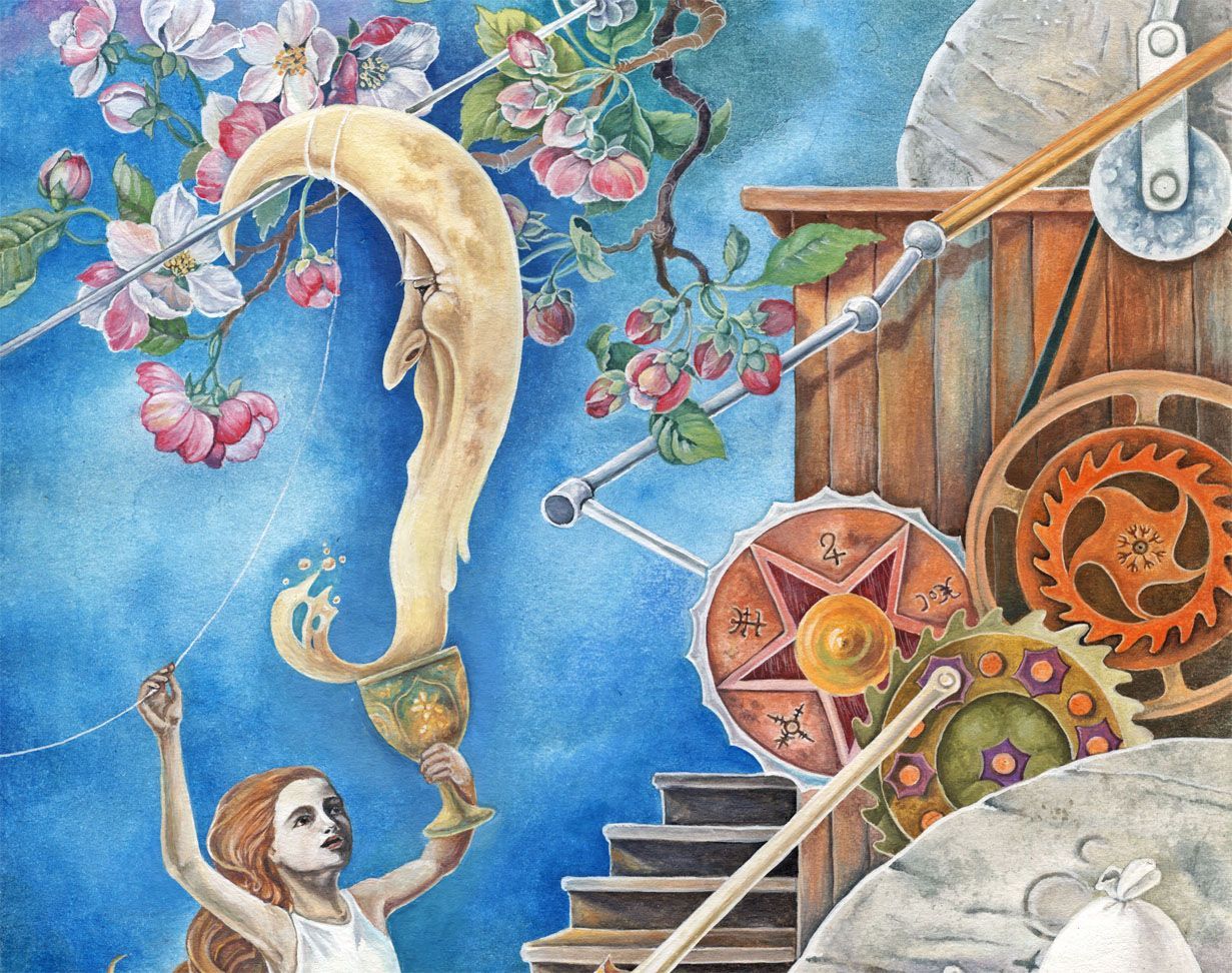 Moon Illustration: fantasievolles Bild; der Mond wird von einem Mädchen gefangen genommen, indem er sich verflüssigt und in ihren Pokal ergießt. Surrealistisch.