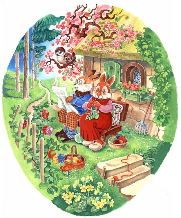 Illustration für ein Papp-Osterei: Herr Hase und Frau Hase sitzen gemütlich vor ihrer Hütte. Man liest Zeitung und strickt. Detailreich, farbenfroh, heile Welt, Ostern