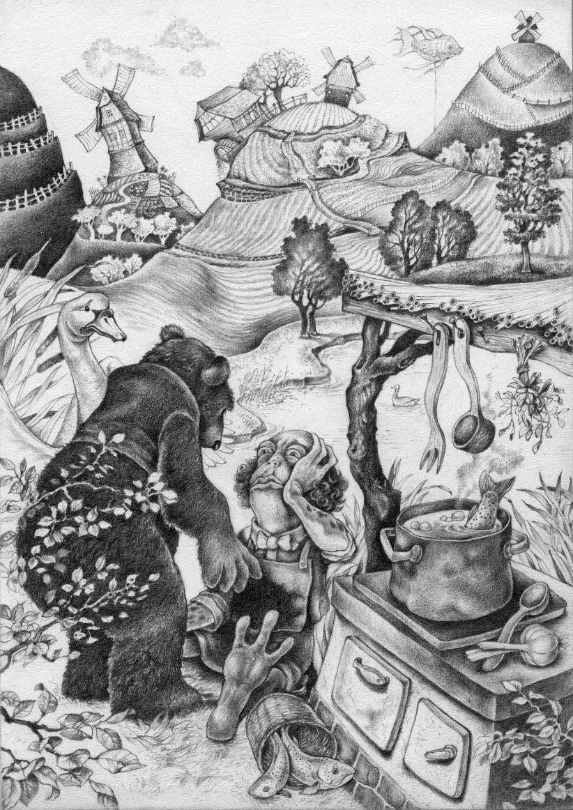 Bleistiftzeichnung: ein Bär beugt sich über einen sympathisch aussehenden Wassermann, der ihn besorgt anblickt, neben ihnen ein Herd mit Topf, aus dem ein Fischschwanz aus der Suppe ragt, dahinter eine fantasievolle Landschaft, detailreich, naturalistisch, verspielt