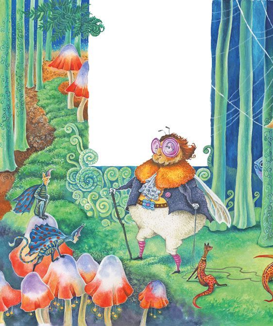 Illustration für ein Kinderbuch: sehr detailreiche Gouache-Malerei, Blumengesichter, winzige phantasievolle Wesen.